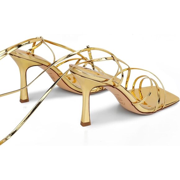 Women's Gold  Lace Up Square Toe Open Thong Stylish Comfortable Stiletto Heel - Picture 5 of 6